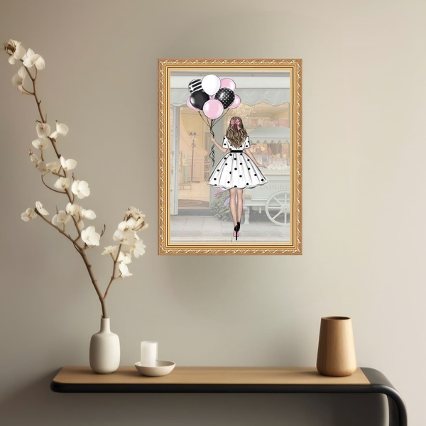 Quadro Decorativo Moça Balões 33x24cm Moldura Preta
