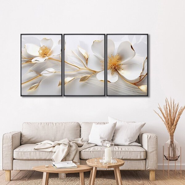 Quadro Decorativo Modelo Floral Com 3 Telas De Parede Para Sa