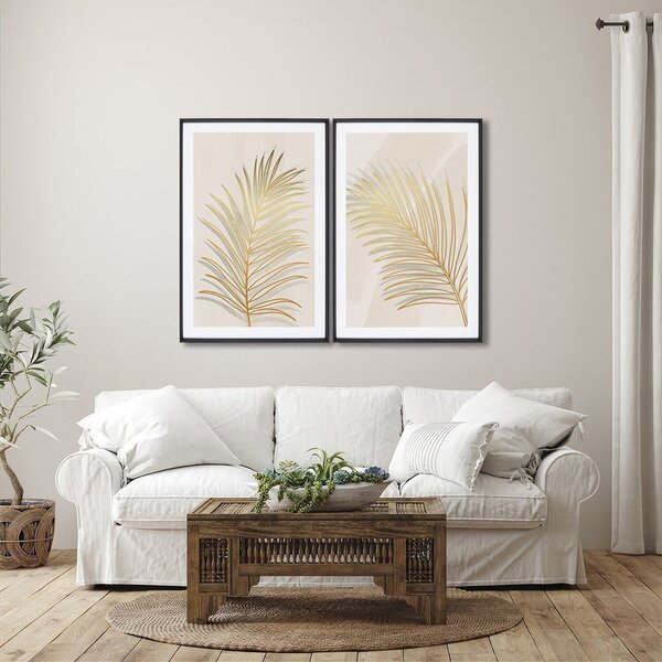 Quadro Decorativo Modelo Folha Dourada Com 2 Telas Para Sala,
