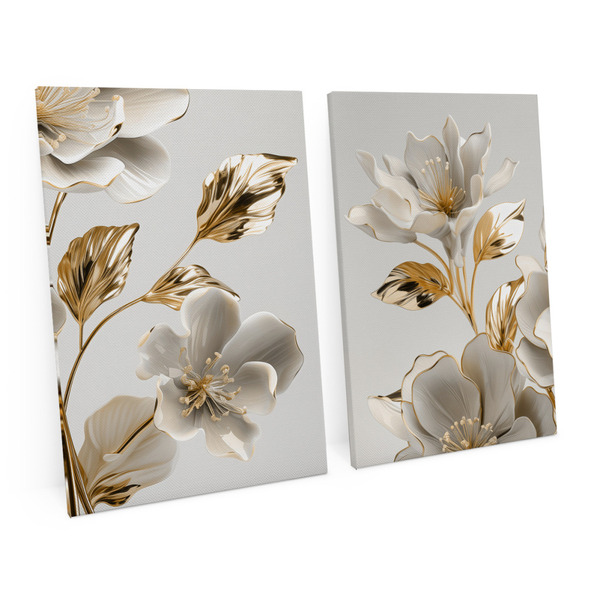 Quadro Decorativo Moderno Flores Brancas E Douradas Ouro Amar