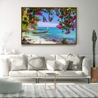 Quadro Decorativo Moderno Flores E Barco Beira Mar Com Moldur