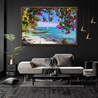 Quadro Decorativo Moderno Flores E Barco Beira Mar Com Moldur