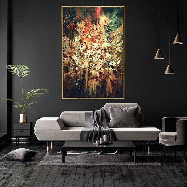 Quadro Decorativo Moderno Flores Tons Escuros Com Moldura E S