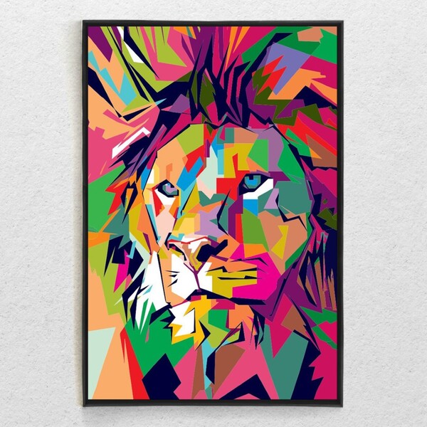 Quadro Decorativo Moderno Leão De Judá Colorido Com Moldura E