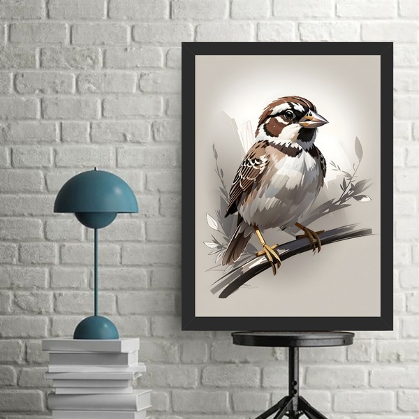 Quadro Decorativo Moderno Pássaro Bege 24x18cm Moldura Preta