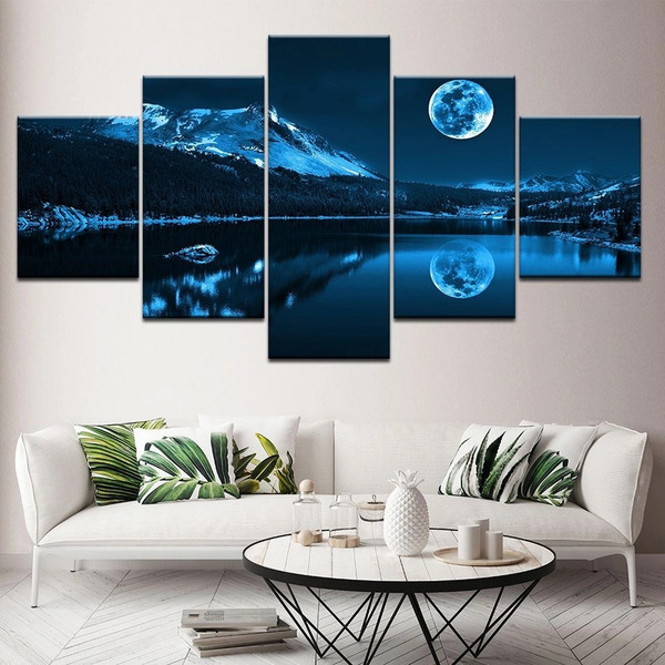 Quadro Decorativo Mosaico De 5 Peças Montanha Lua Reflexo .