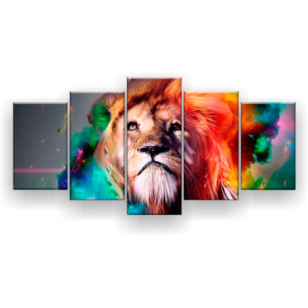 Quadro Decorativo Mosaico Para Sala 5 Peças Leão Aquarela