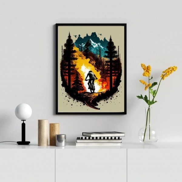 Quadro Decorativo Mountain Bike Aquarela 45x34cm - Com Vidro