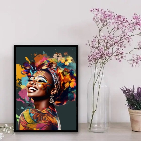 Quadro Decorativo Mulher Arte Africana 33x24cm - Com Vidro Mo