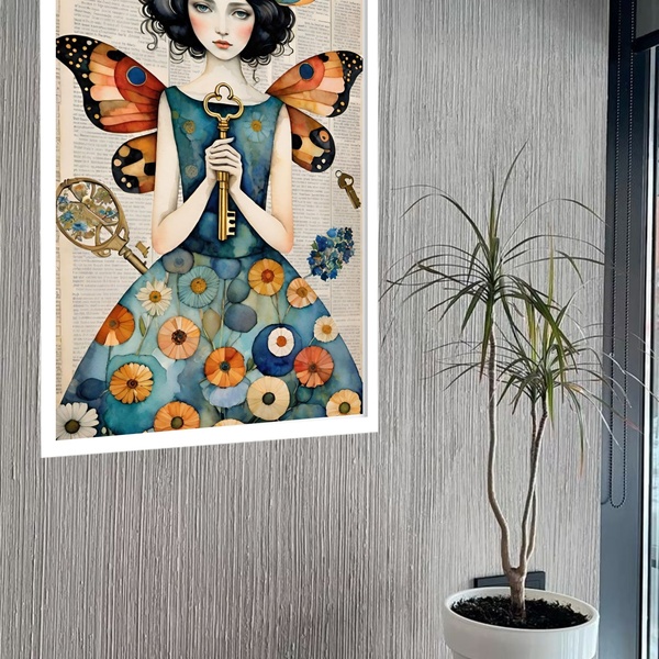 Quadro Decorativo Mulher Borboleta Chave  - 70x50cm Moldura B