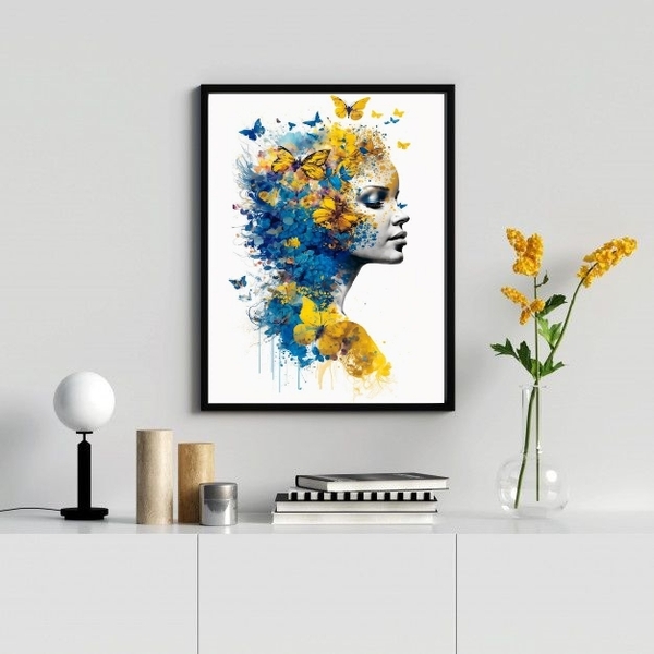 Quadro Decorativo Mulher Borboletas Azul E Amarelo 45x34cm -