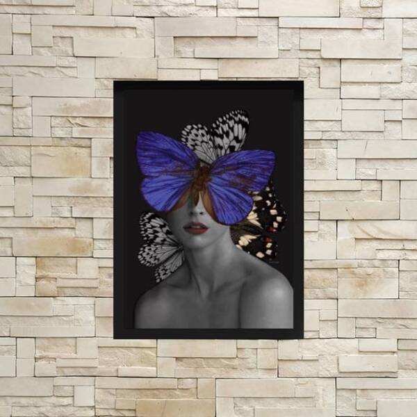 Quadro Decorativo Mulher Com Borboleta Azul 24x18cm Moldura:m