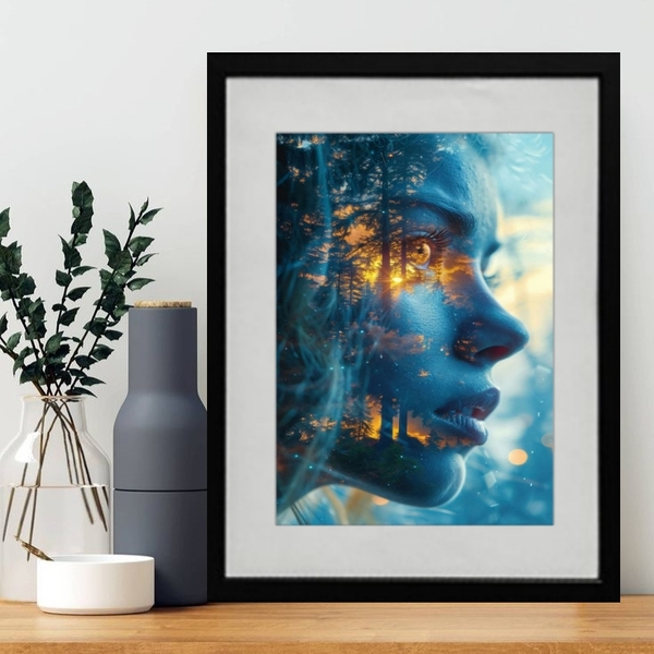 Quadro Decorativo Mulher Floresta 60x48cm Moldura Preta