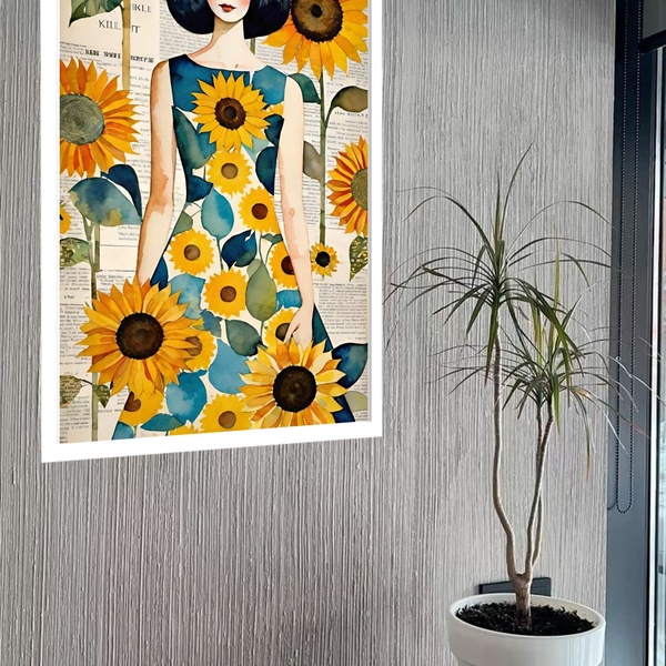Quadro Decorativo Mulher Girassol  - 70x50cm Moldura Preta