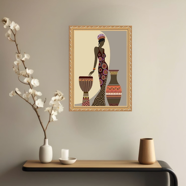 Quadro Decorativo Mulher Negra Tambor E Vaso 24x18cm Moldura