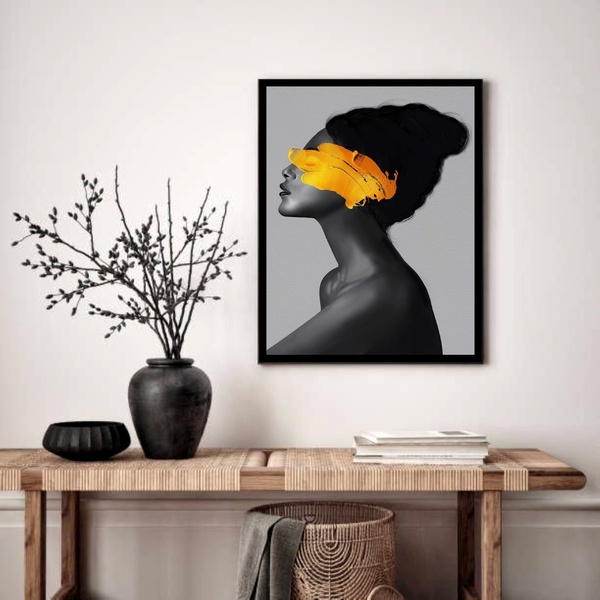 Quadro Decorativo Mulher P&b Amarelo  - 70x50cm Moldura Preta