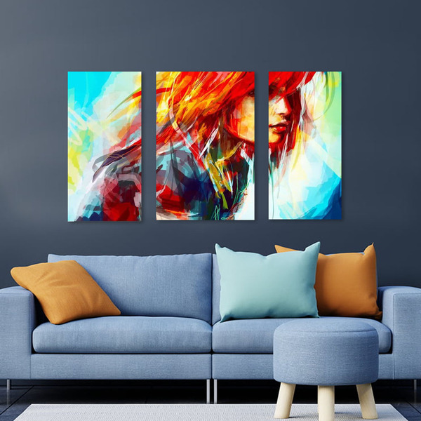 Quadro Decorativo Mulher Ruiva 3 Peças Para Sala