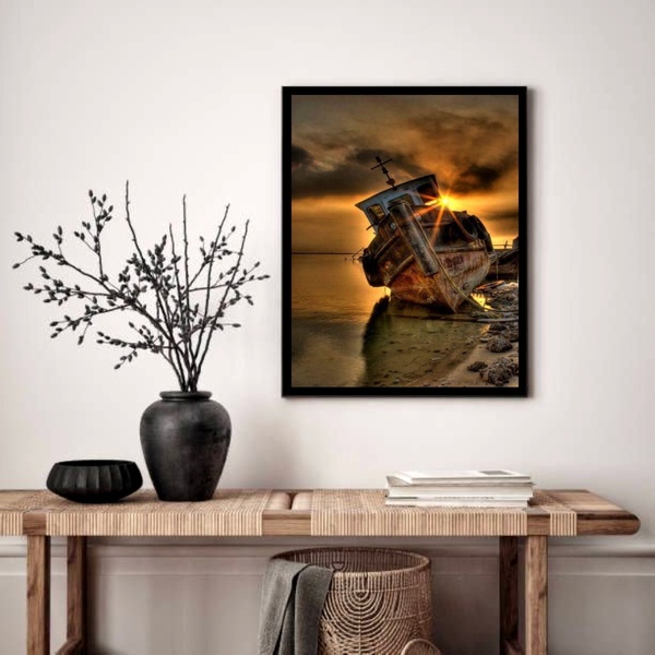 Quadro Decorativo Navio Antigo  - 70x50cm Moldura Branca