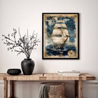 Quadro Decorativo Navio Mapa Vintage  - 70x50cm Moldura Branca