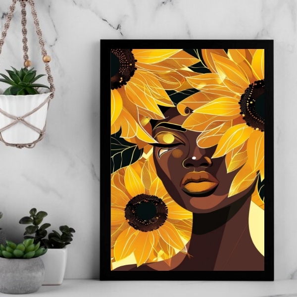 Quadro Decorativo Negra Com Girassois 33x24cm - Com Vidro Mol