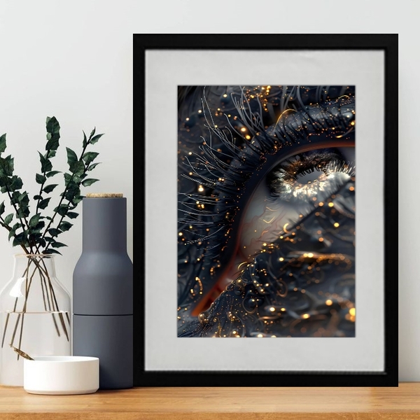 Quadro Decorativo Olho Fios Dourados 60x4cm Moldura Preta