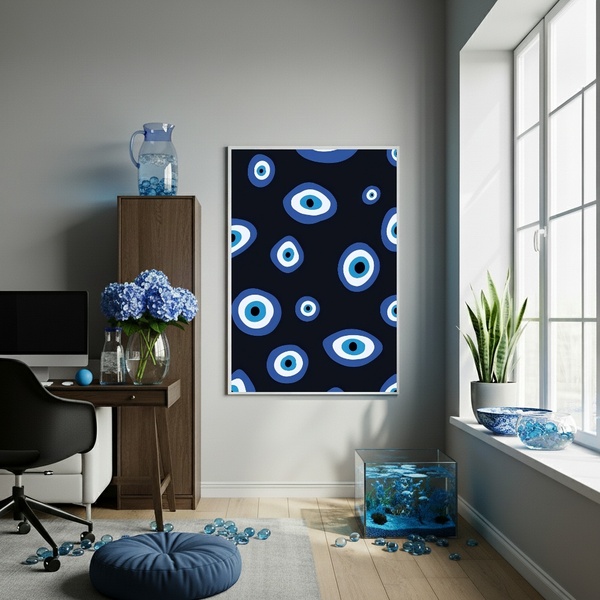 Quadro Decorativo Olho Grego Fundo Preto  - 70x50cm Moldura P