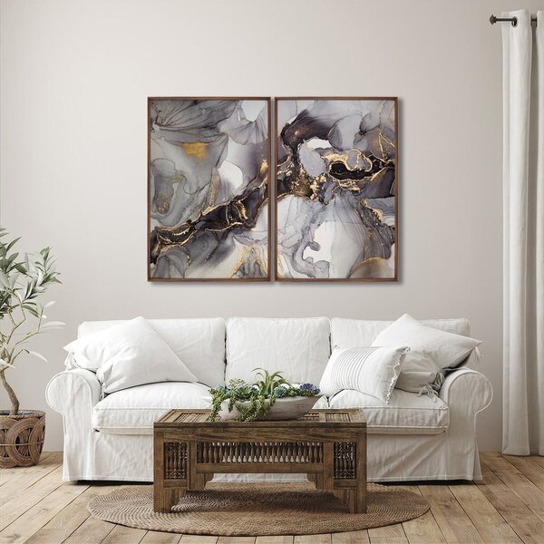 Quadro Decorativo Ouro E Chumbo Com 2 Telas De Parede Para Sa