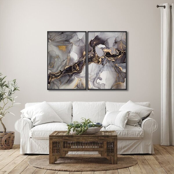 Quadro Decorativo Ouro E Chumbo Com 2 Telas De Parede Para Sa