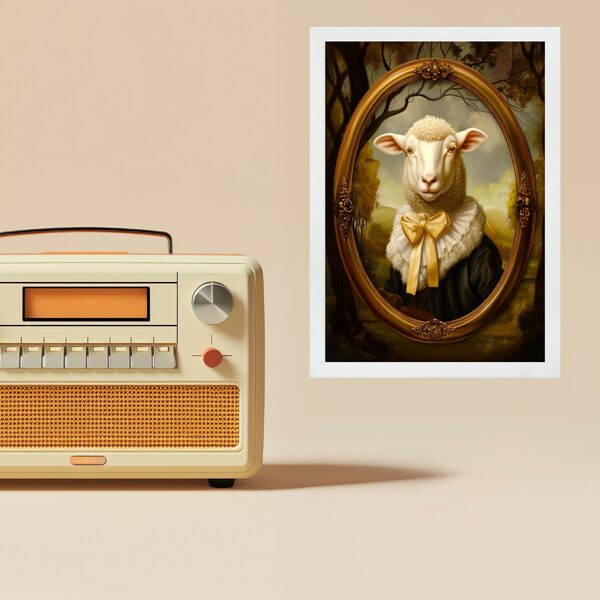 Quadro Decorativo Ovelha - Retrato Antigo 24x18cm - Com Vidro