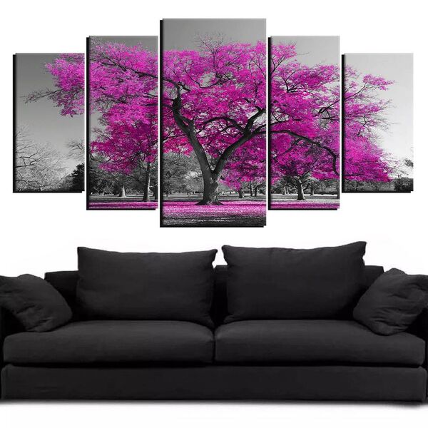 Quadro Decorativo Paisagem   Arvore Com Flores Rosas Para Sala