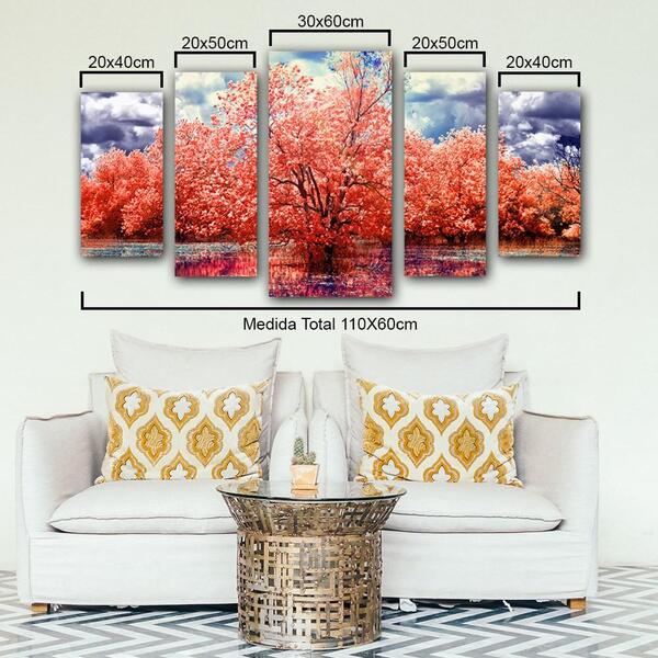Quadro Decorativo Paisagem Arvore Com Flores Salmão 5 Peças