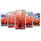 Quadro Decorativo Paisagem Arvore Com Flores Salmão 5 Peças