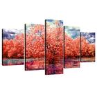 Quadro Decorativo Paisagem Arvore Com Flores Salmão 5 Peças
