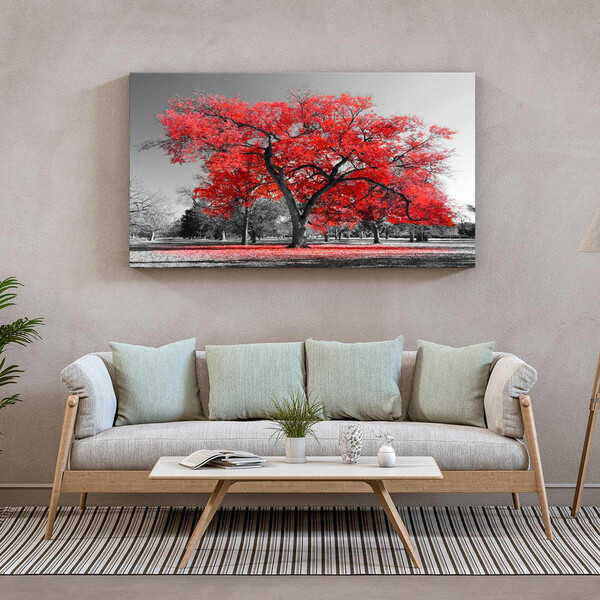 Quadro Decorativo Paisagem Arvore Vermelha - 200x100 Cm