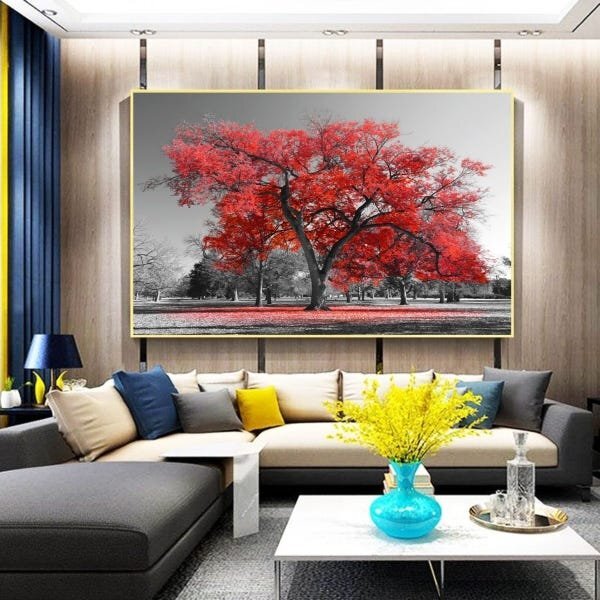 Quadro Decorativo Paisagem Árvore Vermelha Com Moldura Dourad