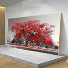 Quadro Decorativo Paisagem Árvore Vermelha Com Moldura Dourad