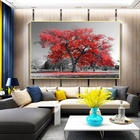 Quadro Decorativo Paisagem Árvore Vermelha Com Moldura Dourad