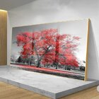 Quadro Decorativo Paisagem Árvore Vermelha Com Moldura Dourad