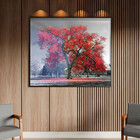 Quadro Decorativo Paisagem Arvore Vermelha Com Moldura E Vidr