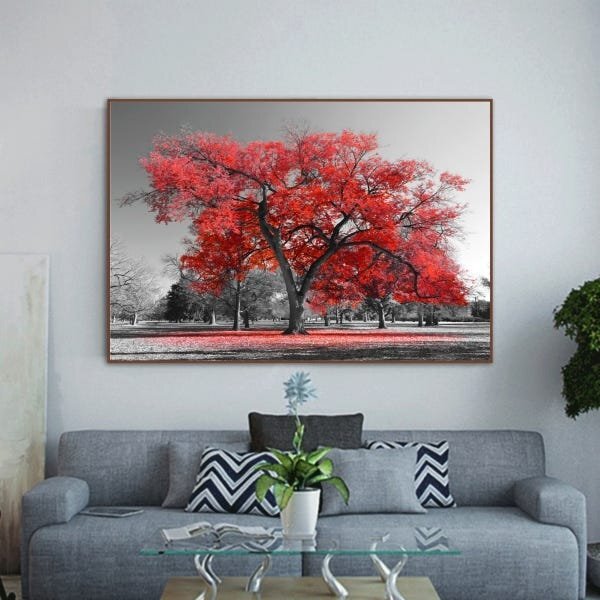 Quadro Decorativo Paisagem Árvore Vermelha Com Moldura Marrom