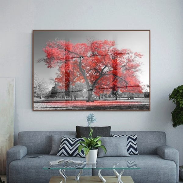 Quadro Decorativo Paisagem Árvore Vermelha Com Moldura Marrom