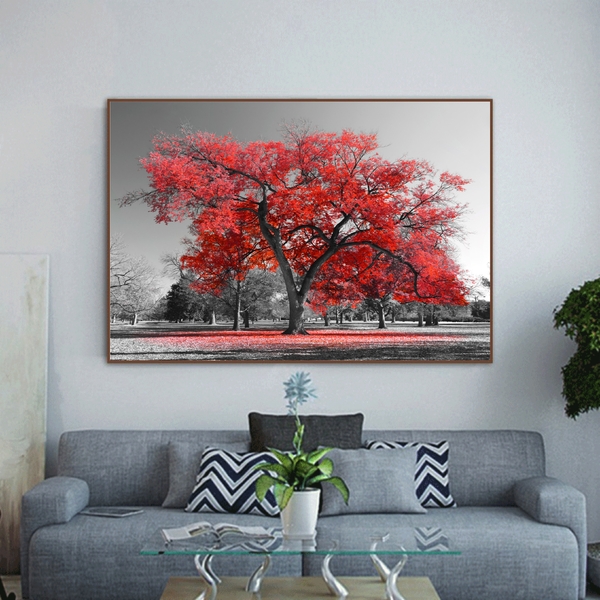 Quadro Decorativo Paisagem Árvore Vermelha Com Moldura Marrom
