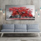 Quadro Decorativo Paisagem Árvore Vermelha Com Moldura Prata