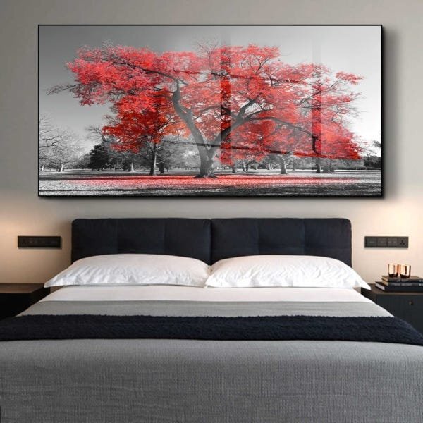 Quadro Decorativo Paisagem Árvore Vermelha Com Moldura Preta