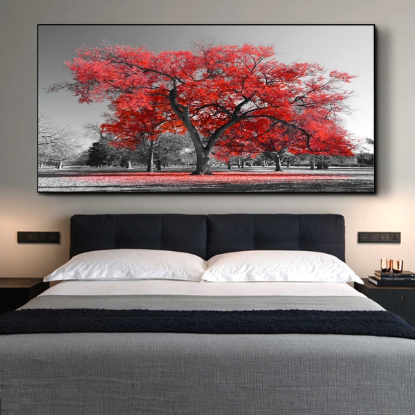 Quadro Decorativo Paisagem Árvore Vermelha Com Moldura Preto