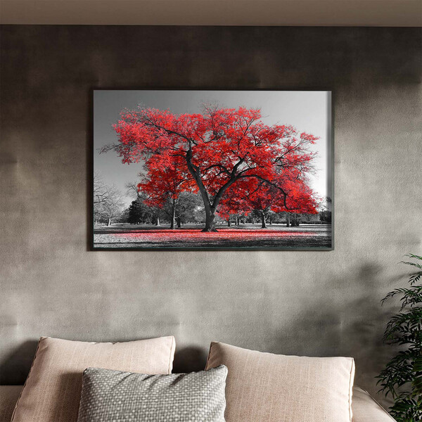 Quadro Decorativo Paisagem Arvore Vermelha Com Moldura Preto