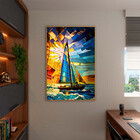 Quadro Decorativo Paisagem Barco A Vela Vitral Com Moldura Do