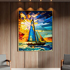 Quadro Decorativo Paisagem Barco A Vela Vitral Com Moldura Do