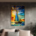 Quadro Decorativo Paisagem Barco A Vela Vitral Com Moldura Do
