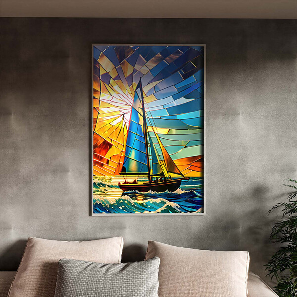 Quadro Decorativo Paisagem Barco A Vela Vitral Com Moldura E